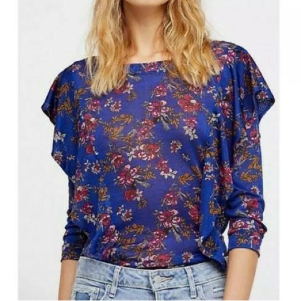 Free People Royal Blue Floral ruffle side elbow sleeve blouse